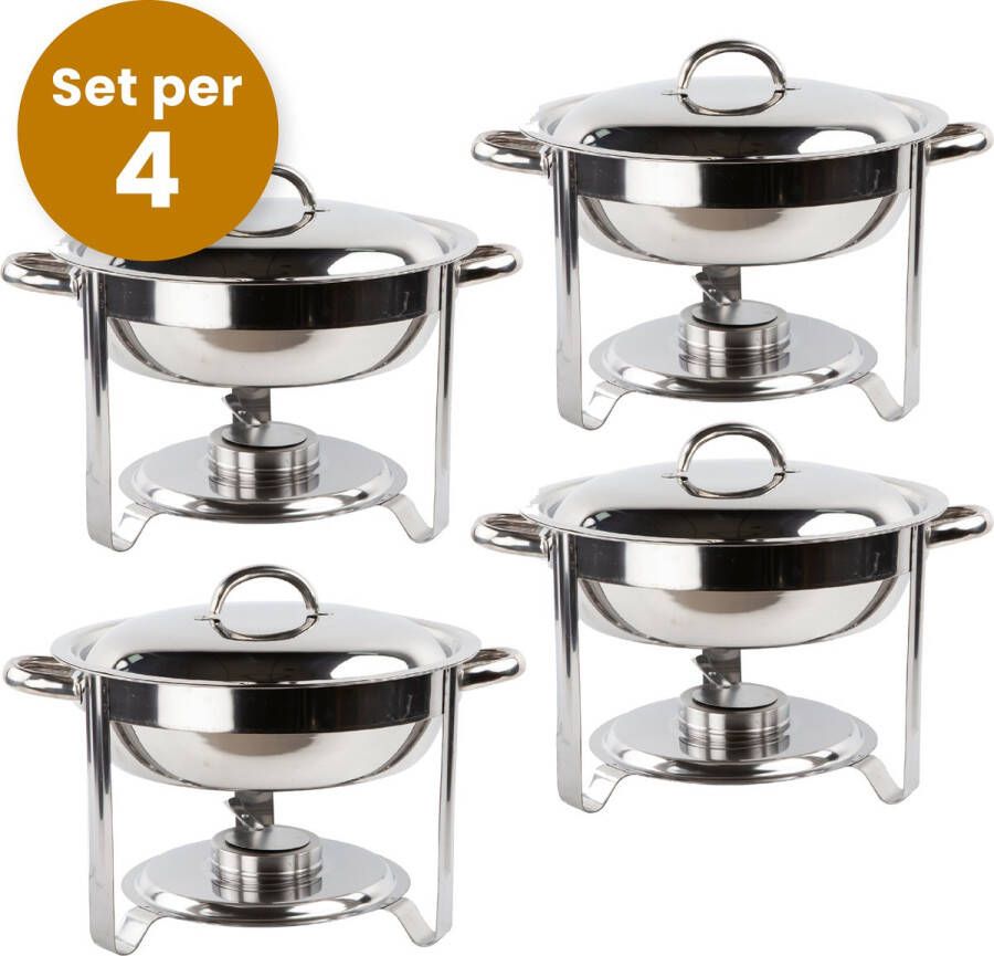 Alora chafing dish rond 4.5L per 4 geschikt voor soep buffet Set van 4 voedsel verwamer voedsel warmhouden met deksel buffetwarmer roestvrij staal 4.5 liter inhoud warmhoudplaat bain maria warmhoudbakken Warmhoudschalen