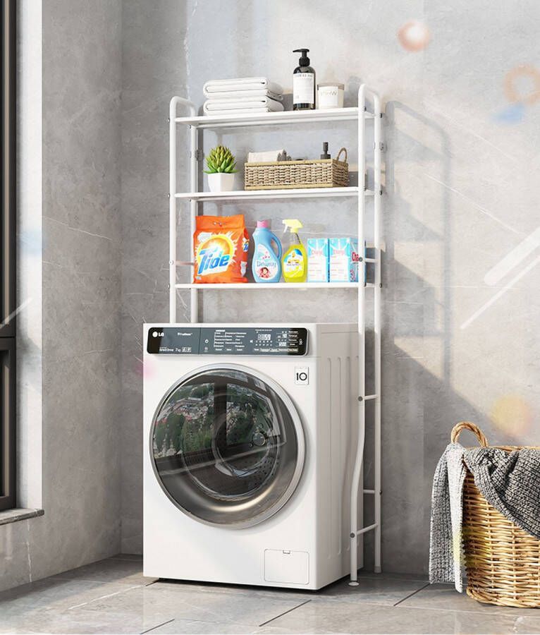 Alora wasmachine opbergrek wit Badkamerrek Wasmachine ombouw Opbergrek voor wasmachine kast Wasmachine meubel met 3 schappen 26.5 x 66.5 x 155cm