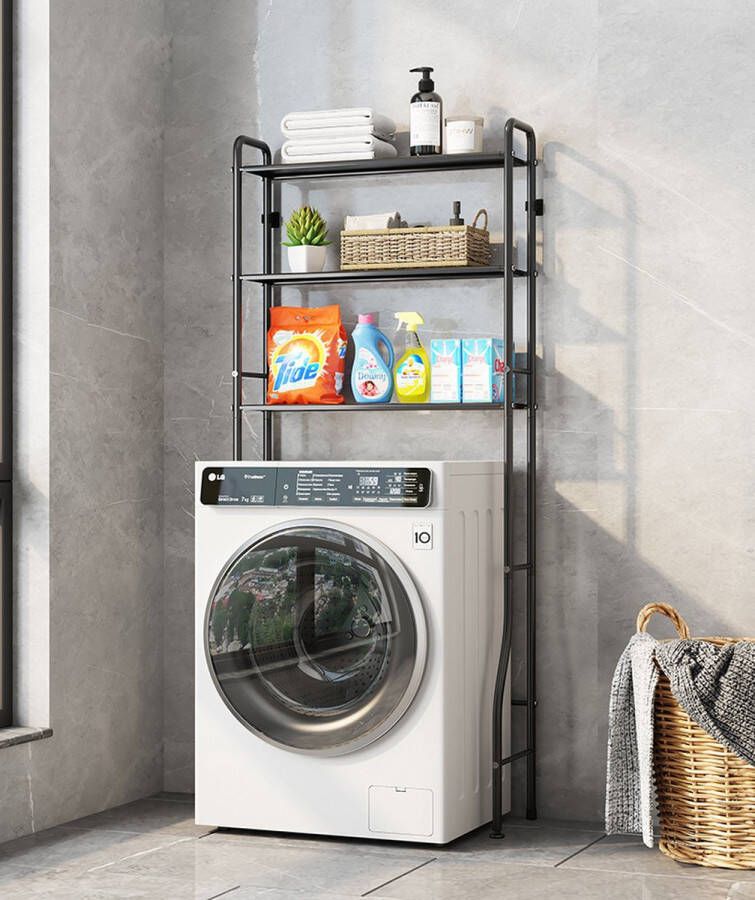 Alora wasmachine opbergrek zwart Badkamerrek Wasmachine ombouw Opbergrek voor wasmachine kast Wasmachine meubel met 3 schappen 26.5 x 66.5 x 155cm