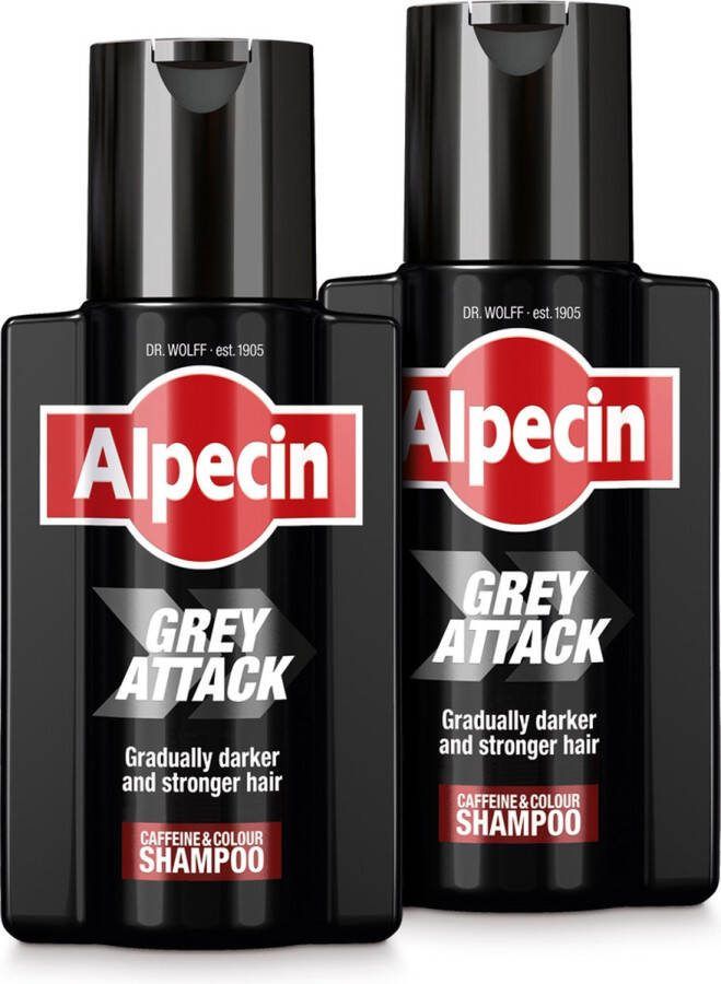 Alpecin Grey Attack Cafeïne & Kleur Shampoo voor Mannen 2x 200ml Geleidelijk donkerder en voller haar Natuurlijk ogend kleureffect voor zichtbaar minder grijs haar Tegen dunner wordend haar