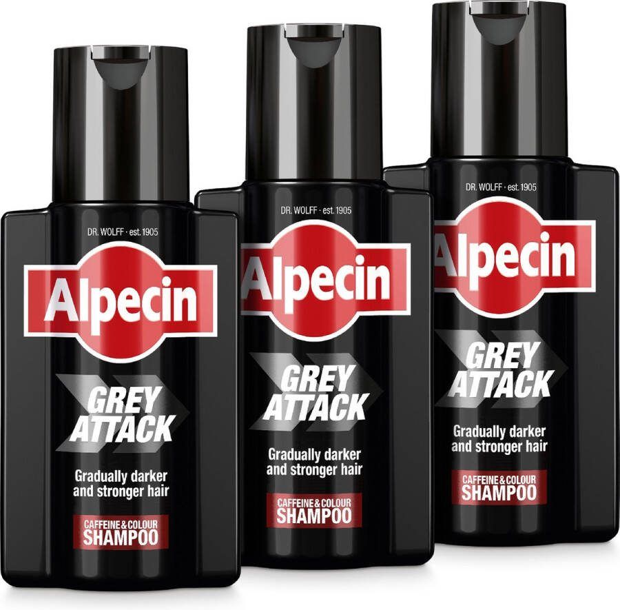 Alpecin Grey Attack Cafeïne & Kleur Shampoo voor Mannen 3x 200ml Geleidelijk donkerder en voller haar Natuurlijk ogend kleureffect voor zichtbaar minder grijs haar Tegen dunner wordend haar