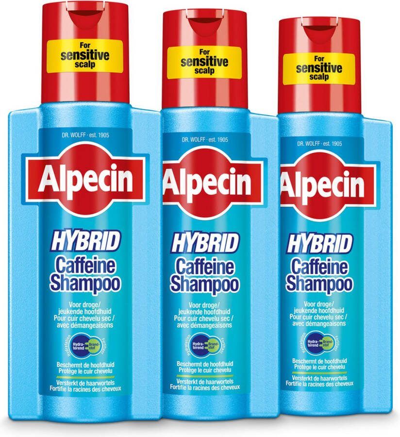 Alpecin Hybrid Shampoo 3x 250ml Natuurlijke haargroei shampoo voor gevoelige en droge hoofdhuid