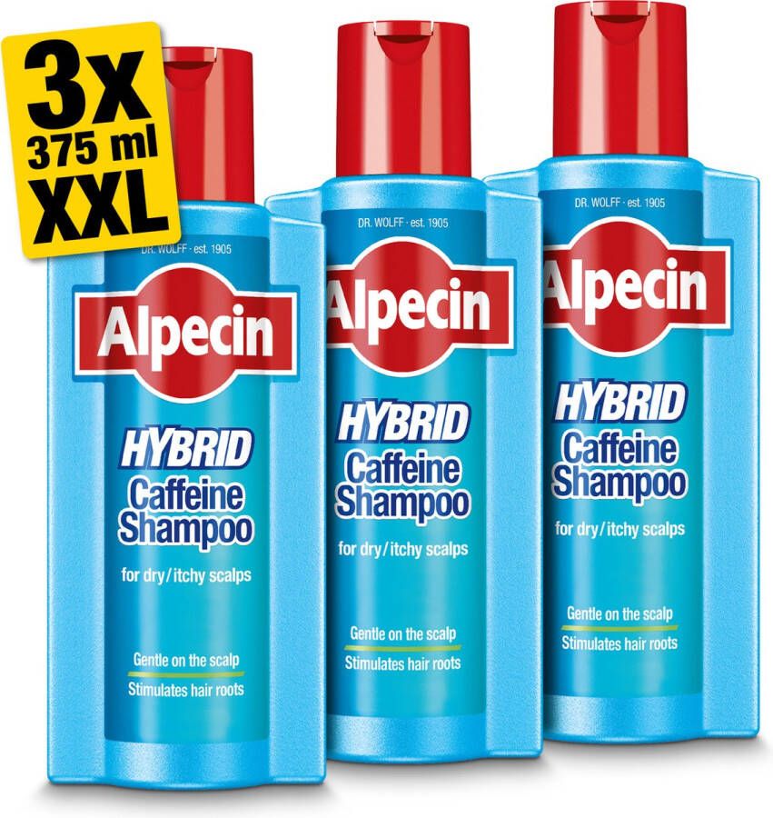 Alpecin Hybrid Shampoo 3x 375ml Natuurlijke haargroei shampoo voor gevoelige en droge hoofdhuid