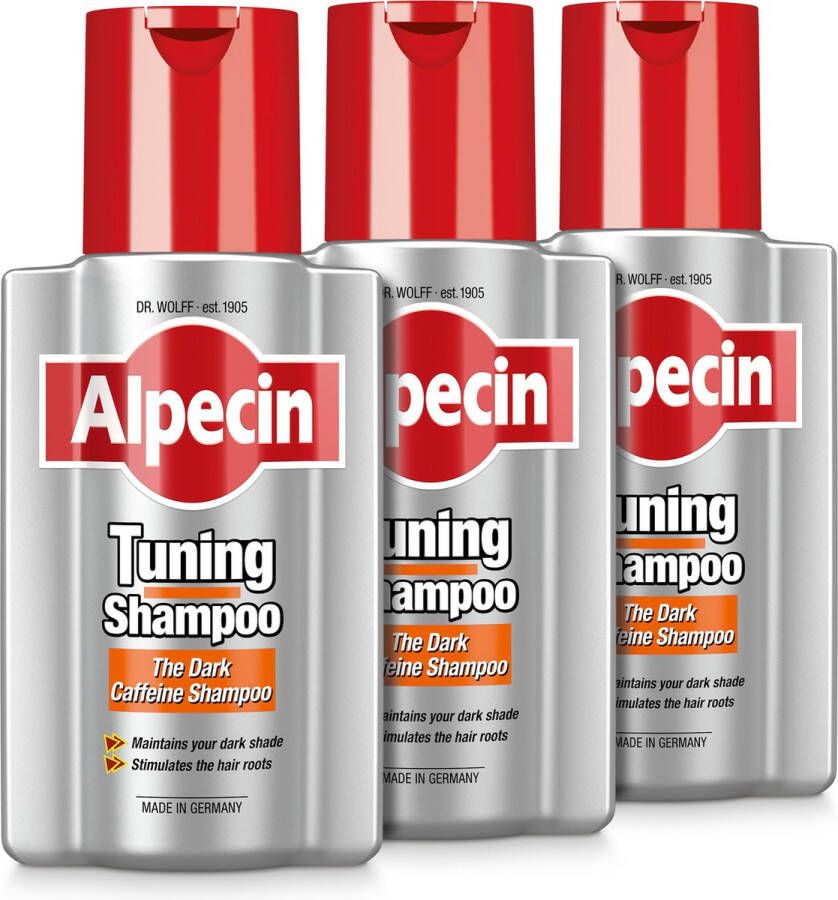 Alpecin Tuning Shampoo 3x 200ml Behoudt Natuurlijke Haarkleur en Ondersteunt Haargroei Donkere Cafeïne Shampoo om Grijze Haren