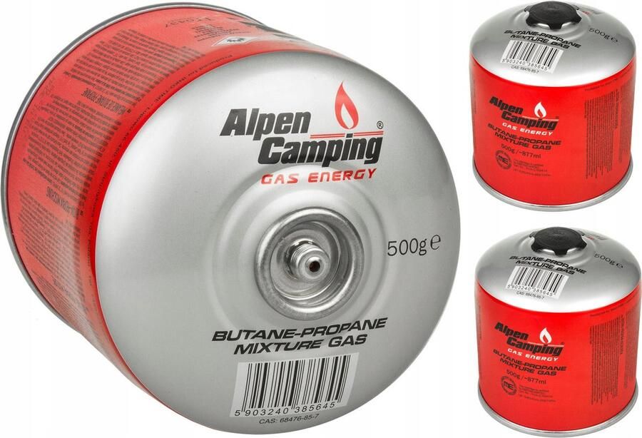 Alpen Camping 3 stuks Gaspatroon K008 877 ml 500 g certificaat: Pi 043 7 16 inch aansluiting voor camping gasfornuis