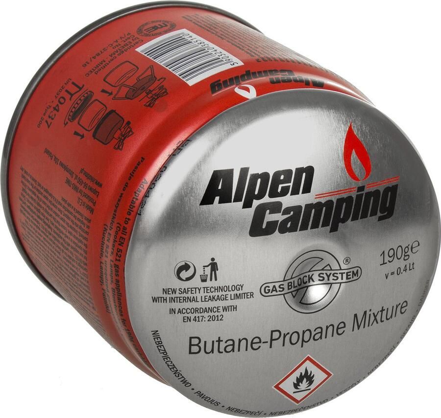 Alpen Camping Gaspatroon K008 877 ml 500 g certificaat: Pi 043 7 16 inch aansluiting voor camping gasfornuis