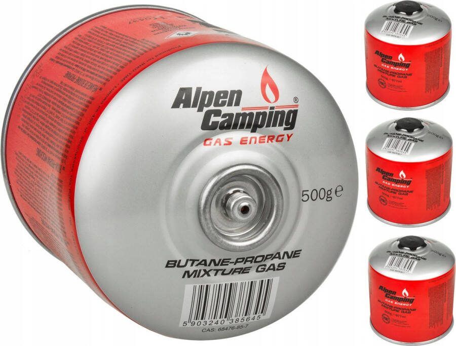 Alpen Camping Set van 4 stuks Gaspatroon K008 877 ml 500 g certificaat: Pi 043 7 16 inch aansluiting voor camping gasfornuis