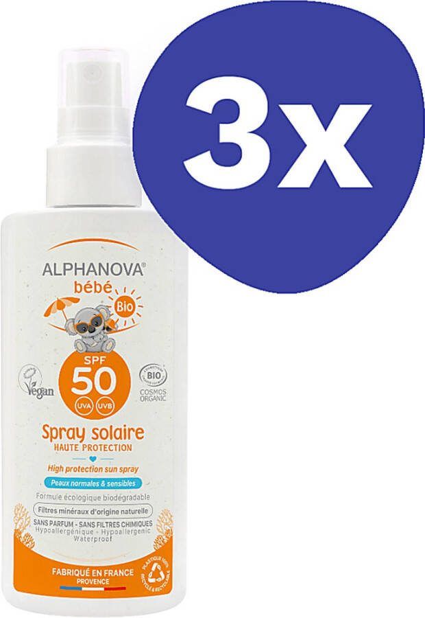Alphanova Sun BIO SPF 50 Hypoallergeen Zonnebrand Spray Baby (3x 125g)