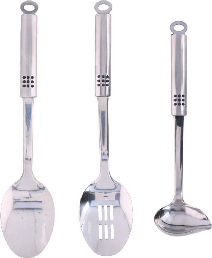 Alpina 3-Delige keukengerei set opscheplepel schuimspaan en saus juslepel 29 en 34 cm van RVS Keukengerei