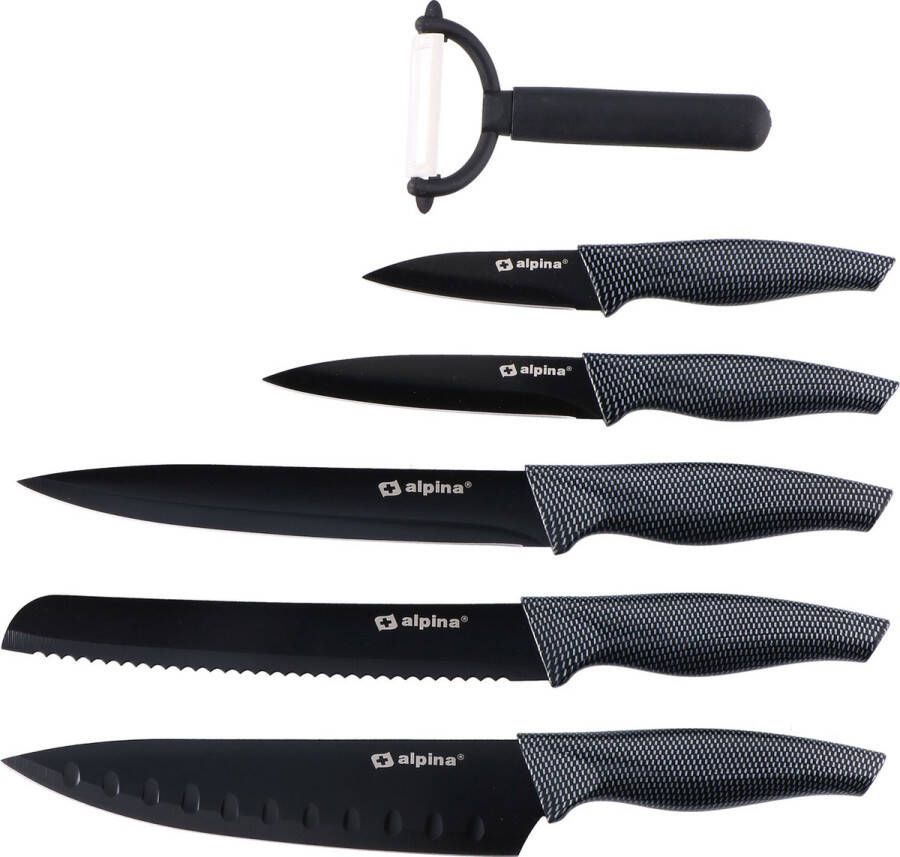 Alpina Kitchen & Home Alpina 6-Delige luxe messenset Santoku-mes broodmes vleesmes universeel mes schilmes en dunschiller rvs antikleeflaag zwart