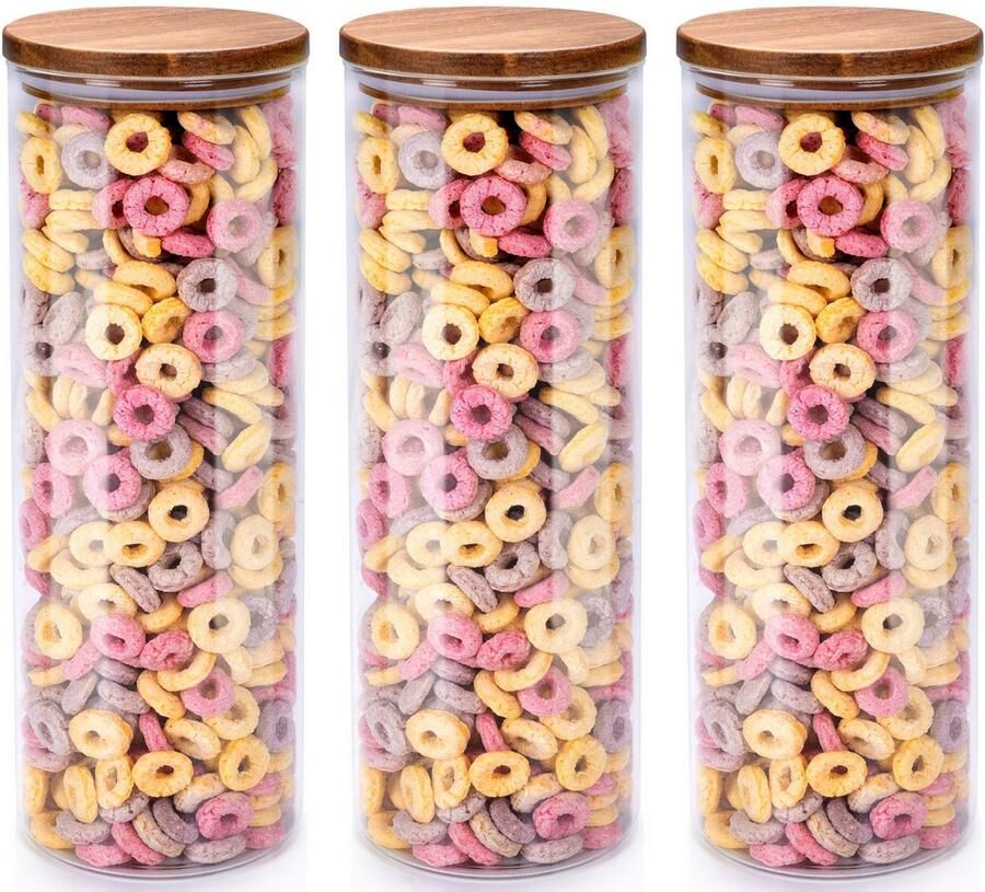 Alpina Voorraadpot bewaarpot Foodking 3x borosilicaat glas 1650 ml glas hout D9.5 x H27 cm voedsel bewaren