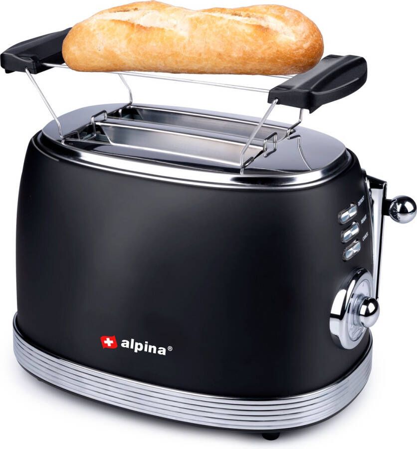 Alpina Broodrooster Retro Toaster 6 Standen Broodjeswarmer 2 Sleuven Opwarmen en Ontdooien Zwart