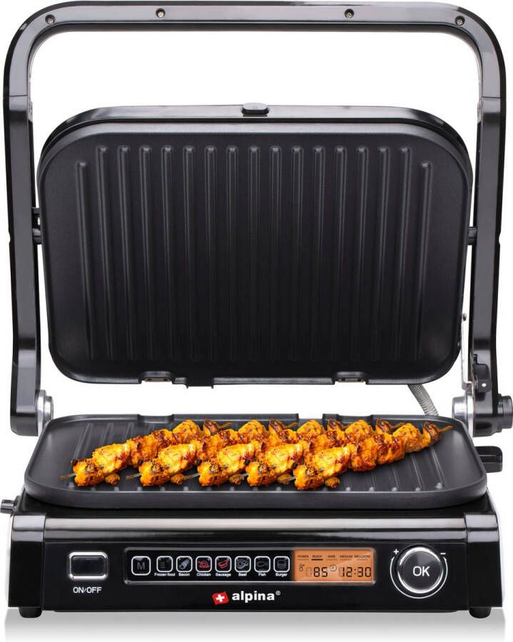 Alpina Contact Grill Tosti IJzer 8 Grillstanden Anti-Aanbaklaag 180º Kantelbaar 2100 W Tafelgrill 32 x 25 CM Bakplaat Uitneembare Grillplaten Zilverkleurig