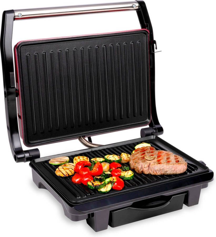 Alpina Contact Grill Tosti IJzer Panini Grill Groente Brood en Vlees Grillapparaat Anti-Aanbaklaag Anti-Slip Bodem Lekbak 230V 1000W Zwart Rood