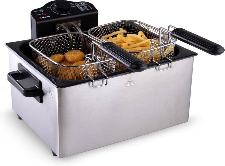 Alpina Frituurpan 5 Liter Dubbele Friteuse met 3 Frituurmanden 1x Groot en 2x Klein Frituur Instelbaar tot 190 °C Frietpan met 2000W RVS