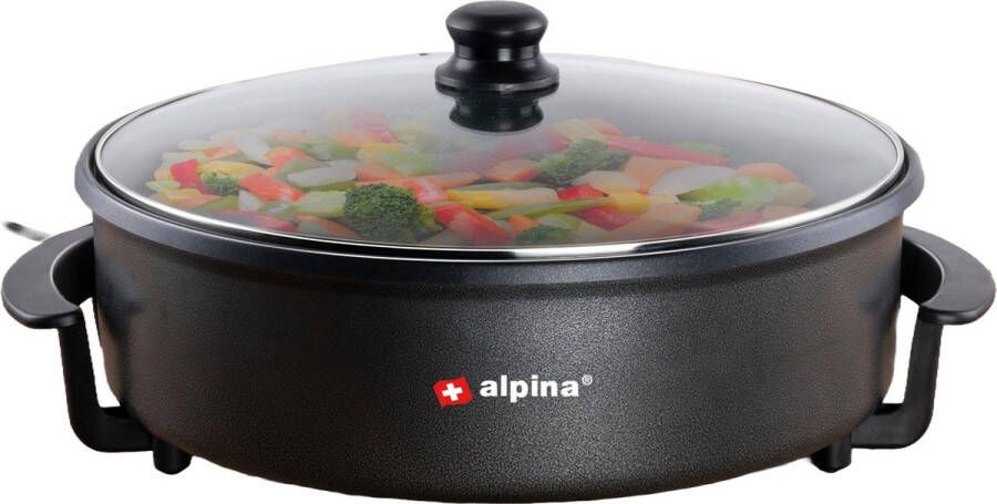 Alpina Hapjespan met Deksel Elektrische Multipan met Thermostaat Partypan XXL Ø 42 CM Anti-aanbaklaag en Regelbare Thermostaat Indicatielampje en Handvaten Multifunctioneel 1500W