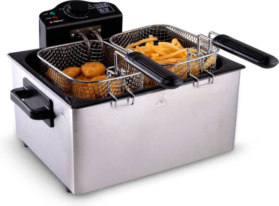 Alpina Dubbele Frituurpan 3 Frituurmanden 5 L 2000 Watt Friteuse voor Friet en Snacks Instelbare Thermostaat tot 190 °C Overhittingsbeveiliging RVS