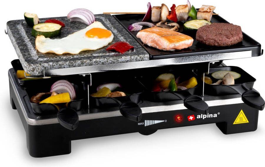 Alpina Gourmetstel Bakplaat en Steengrill 8 Pannetjes 8 Spatels 1200-1400 Watt Thermostaat