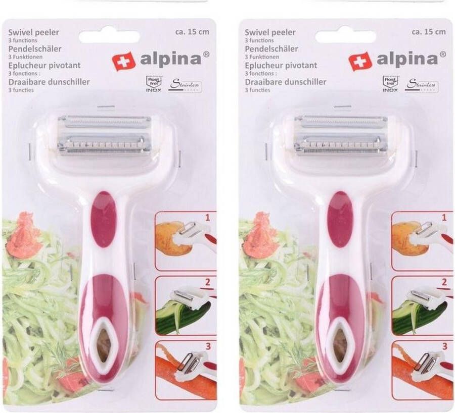 Alpina Kitchen & Home 2x Rode draaibare dunschillers aardappelmesjes 15 cm Keuken kookgerei Aardappels groente of fruit schillen Dunschilmesjes