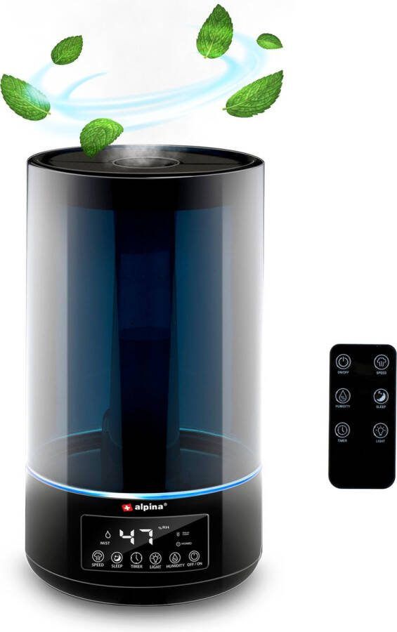 Alpina Luchtbevochtiger 4.3L Humidifier Bevochtiger Slaapkamer met Timer Luchtbevochtiger met Aromatherapie met Afstandsbediening Zwart