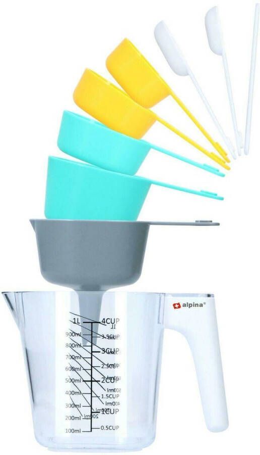 Alpina Maatbeker set 9-delig tot 1 Liter (Inclusief trechter en roerstaaf) Measuring Cups & Spoons Stapelbaar Modern Design