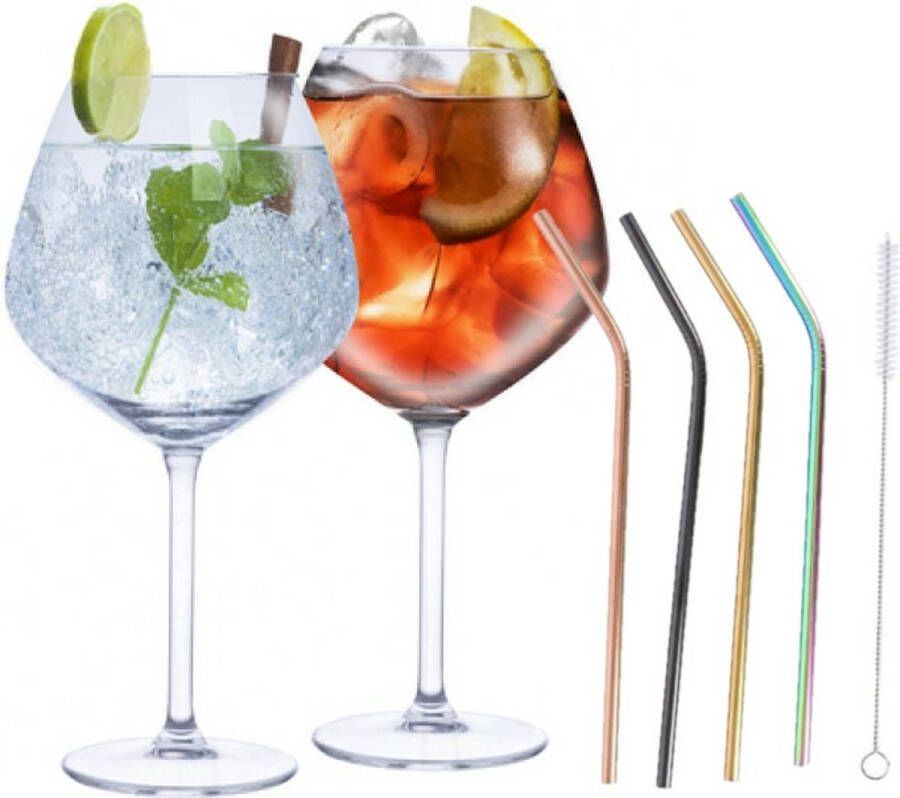 Alpina Set van 4x Gin Tonic cocktailglazen met 4x herbruikbare gekleurde rietjes RVS 730 ml Cocktails drinken Cocktails