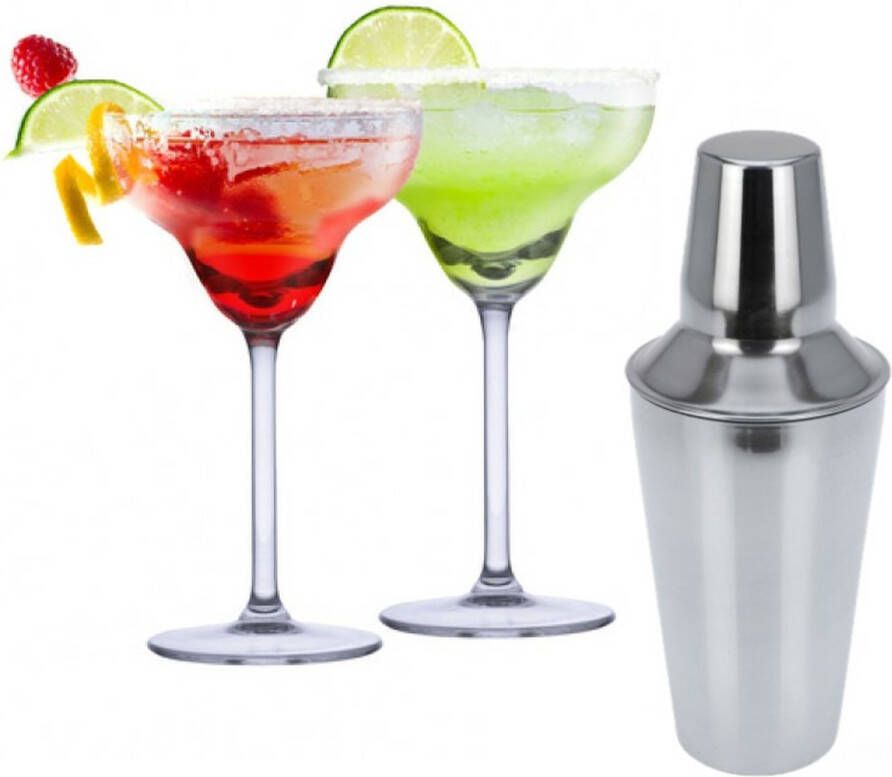 Alpina Set van 4x Margarita cocktailglazen met cocktailshaker RVS 250 ml Cocktails drinken Cocktails