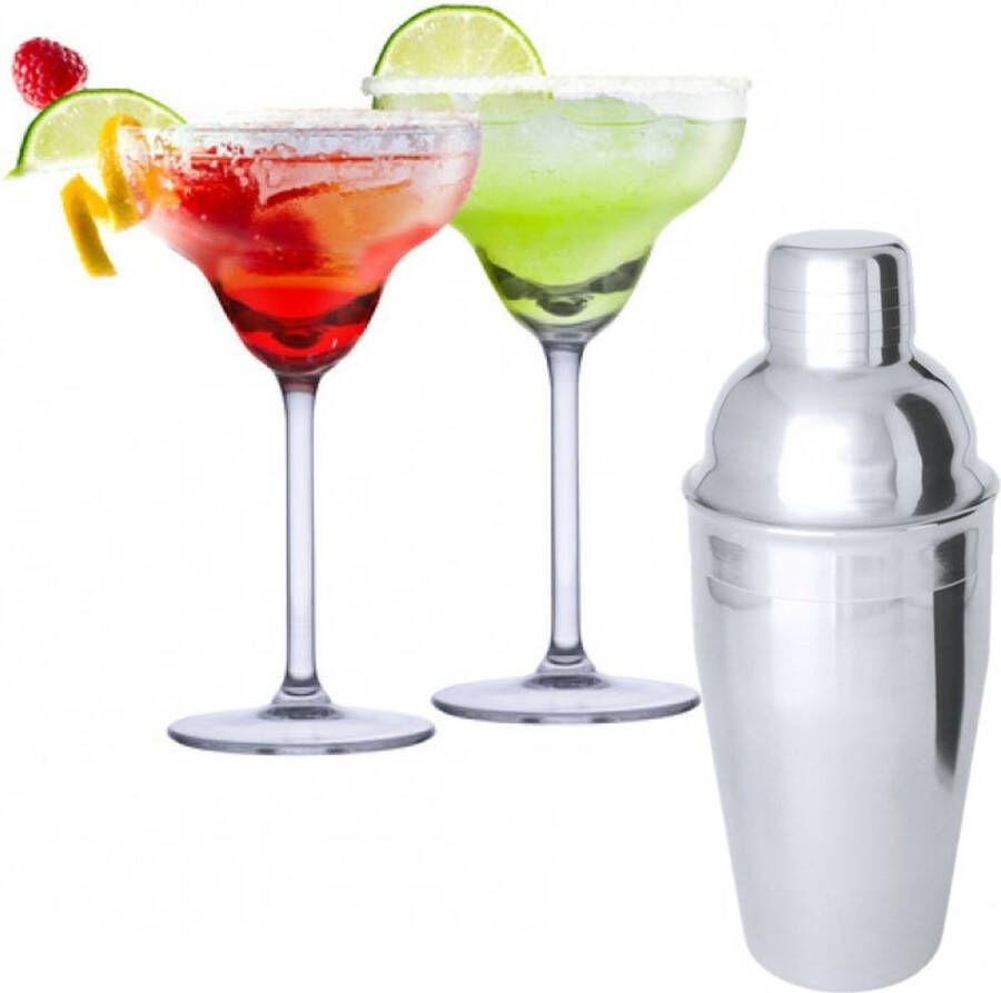 Alpina Set van 4x Margarita cocktailglazen met cocktailshaker RVS 250 ml Cocktails drinken Cocktails