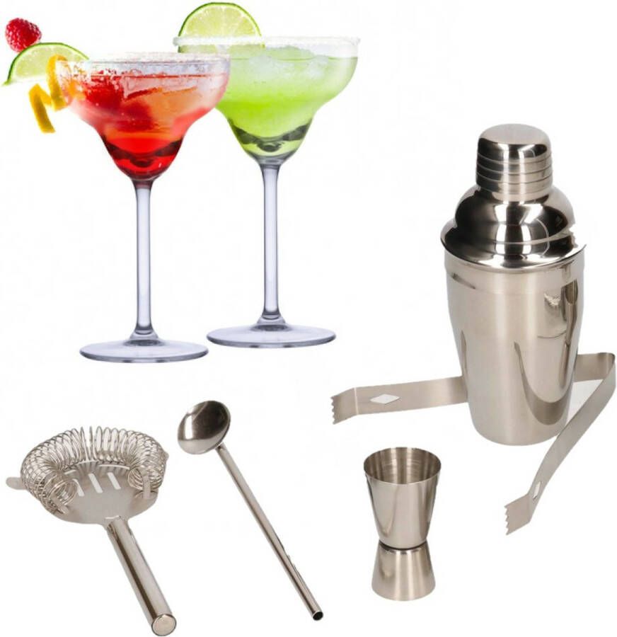 Alpina Set van 4x Margarita cocktailglazen met complete 5-delige cocktailshaker set RVS 250 ml Cocktails drinken Cocktails