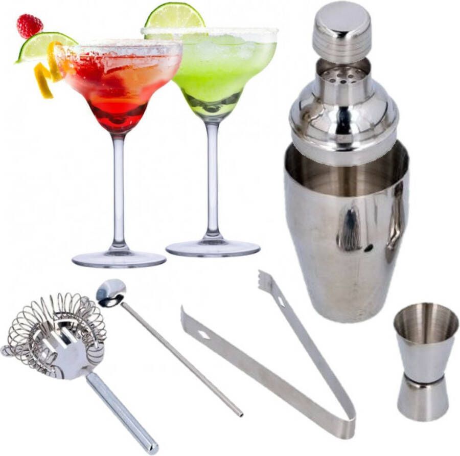 Alpina Set van 4x Margarita cocktailglazen met luxe 5-delige cocktailshaker set RVS 250 ml Cocktails drinken Cocktails