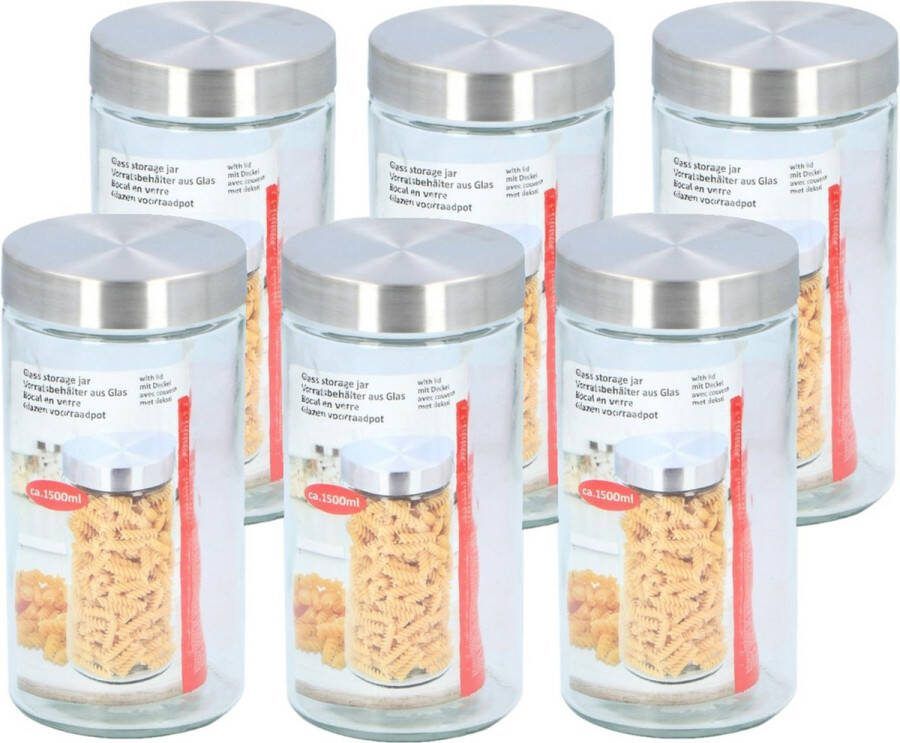 Alpina set van 6x stuks glazen keuken voedsel voorraadpotten 1500 ml 11 x 22 cm luchtdichte deksel