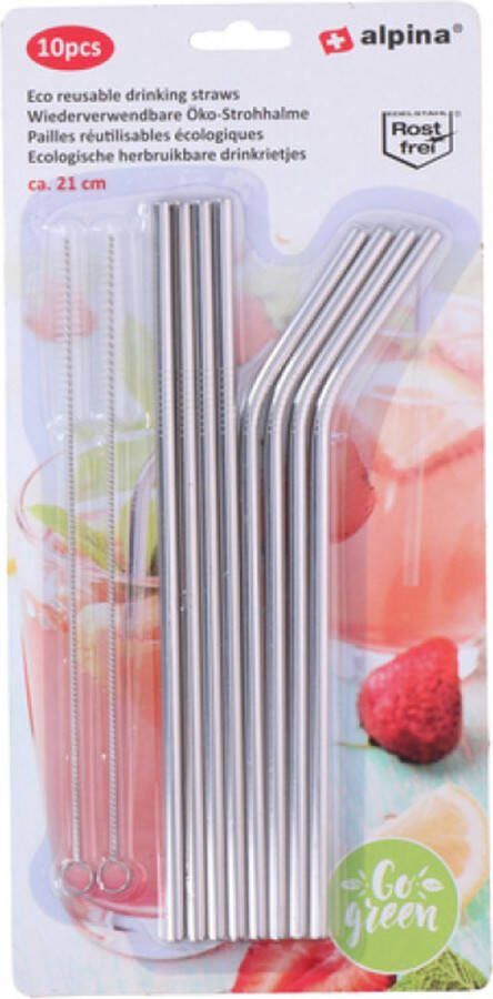 Alpina Stalen RVS Rietjes Herbruikbaar 2x10 Stuks Set 10 stuks lengte 21 cm (4 recht en 4 gebogen) incl. 2 Schoonmaakborsteltjes Stijlvol en Duurzaam Een Bewust Keuze Voor Het Milieu