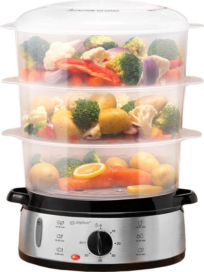 Alpina Stoomkoker 230V 800W 3-Laags Food Steamer BPA-Vrij Vaatwasser Bestendig Timer 9 Liter Inhoud