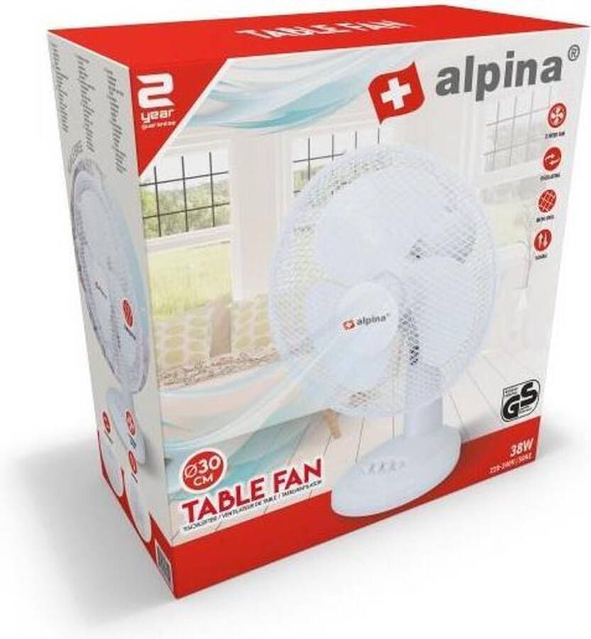 Alpina Tafelventilator – Ø 30 cm – 38 Watt – 3 Ventilatiesnelheden Wit