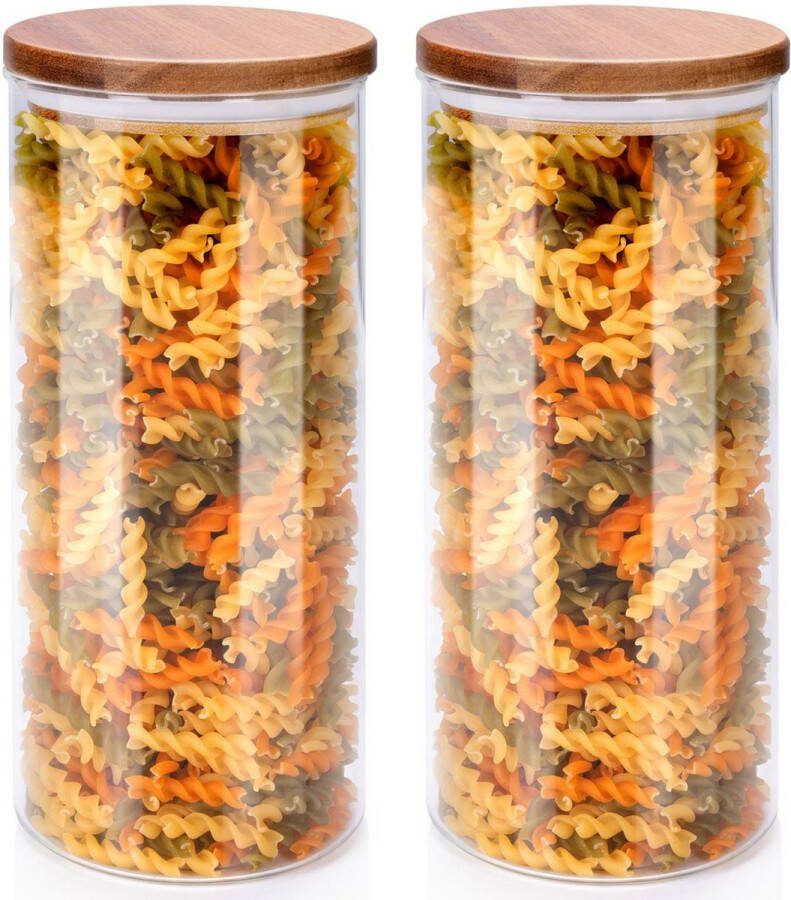 Alpina Voorraadpot bewaarpot Foodking 2x borosilicaat glas 1250 ml glas hout D9.5 x H21 cm voedsel bewaren