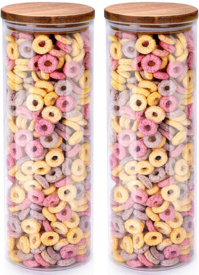Alpina Voorraadpot bewaarpot Foodking 2x borosilicaat glas 1650 ml glas hout D9.5 x H27 cm voedsel bewaren