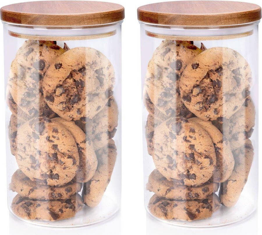 Alpina Voorraadpot bewaarpot Foodking 2x borosilicaat glas 950 ml glas hout D9.5 x H16 cm voedsel bewaren