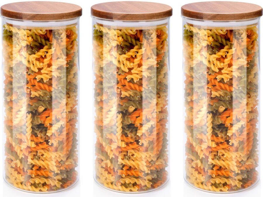 Alpina Voorraadpot bewaarpot Foodking 3x borosilicaat glas 1250 ml glas hout D9.5 x H21 cm voedsel bewaren