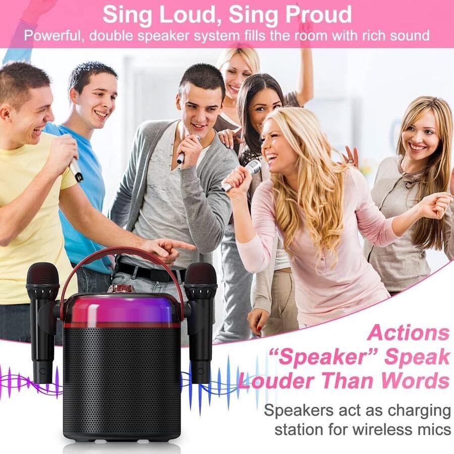 ALPOWL Karaoke Machine Draagbaar PA-systeem Met 2 Draadloze Microfoons Bluetooth & USB
