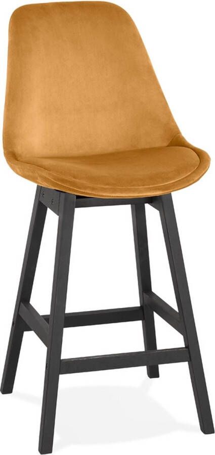 Alterego Design Alterego Halfhoge design barkruk 'MORISS MINI' in mosterd fluweel en poten in zwart hout