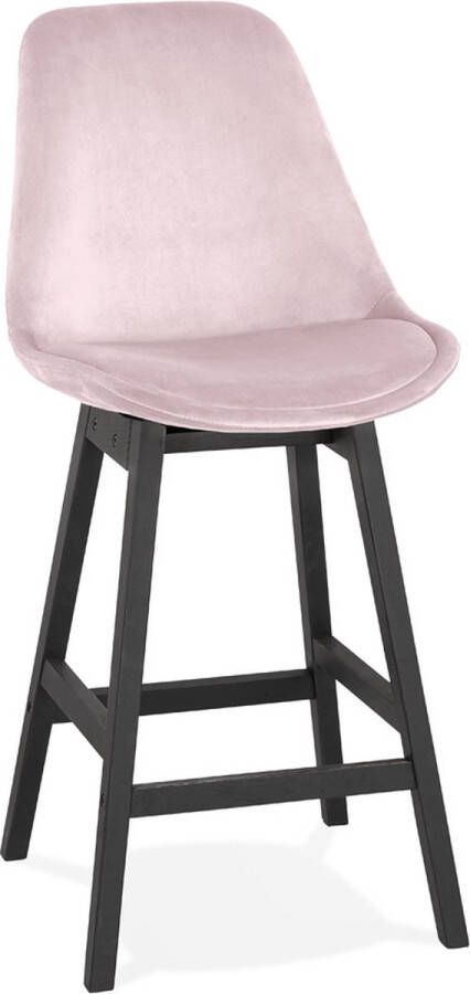 Alterego Design Alterego Halfhoge design barkruk 'MORISS MINI' in roze fluweel en poten in zwart hout
