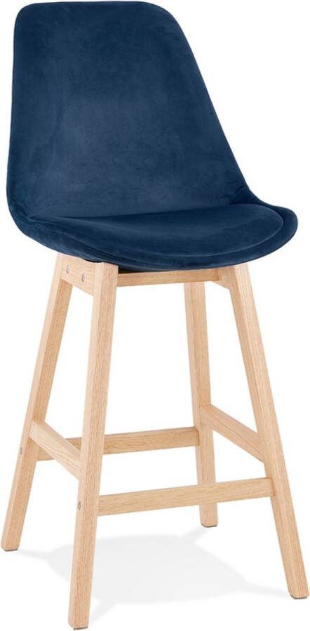 Alterego Design Alterego Halfhoge kruk 'MORISS MINI' in fluweel blauw met poten in natuurlijk hout