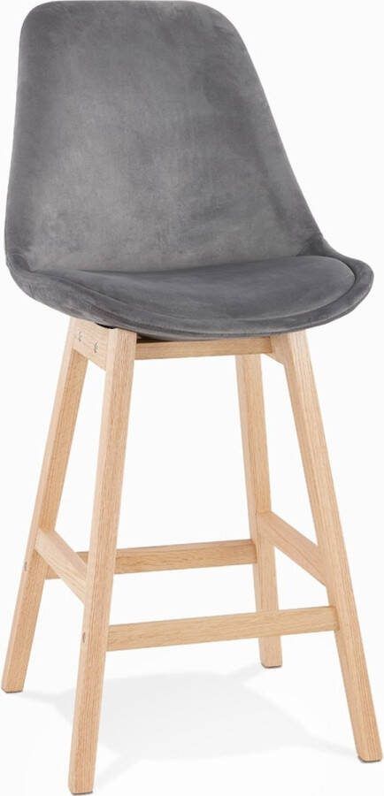 Alterego Design Alterego Halfhoge kruk 'MORISS MINI' in fluweel grijs met poten in natuurlijk hout
