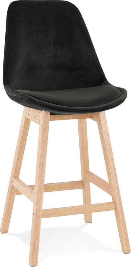 Alterego Design Alterego Halfhoge kruk 'MORISS MINI' in fluweel zwart met poten in natuurlijk hout