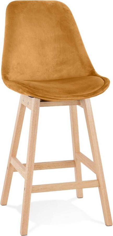 Alterego Design Alterego Halfhoge kruk 'MORISS MINI' in mosterd fluweel met poten in natuurlijk hout