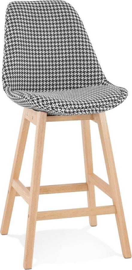 Alterego Design Alterego Halfhoge kruk 'MORISS MINI' in pied-de-poule-print stof met poten in natuurlijk hout