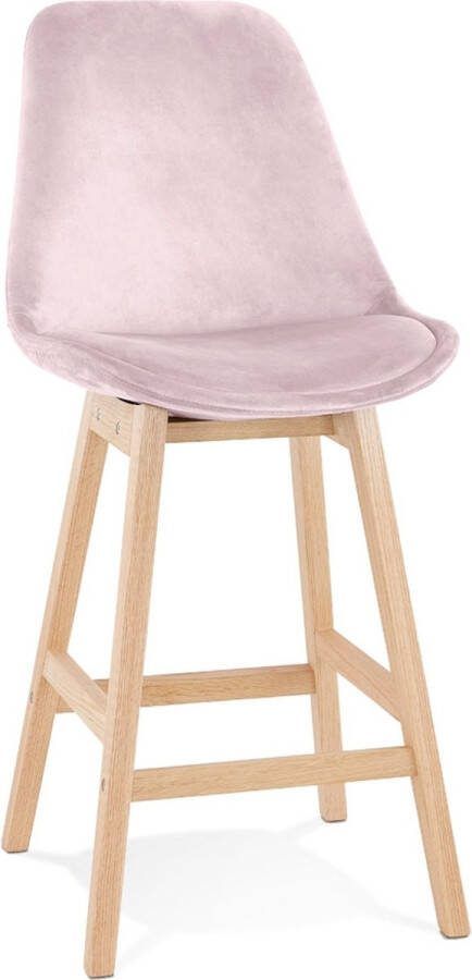 Alterego Design Alterego Halfhoge kruk 'MORISS MINI' in roze fluweel met poten in natuurlijk hout