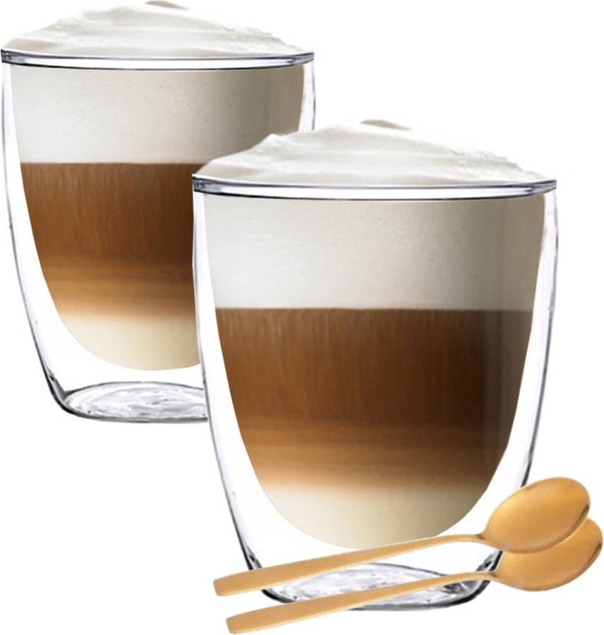 Altom Design Luxe Dubbelwandige Theeglazen Cappuccino Glazen Koffieglas dubbelwandig met lepel 300 ML Set Van 2