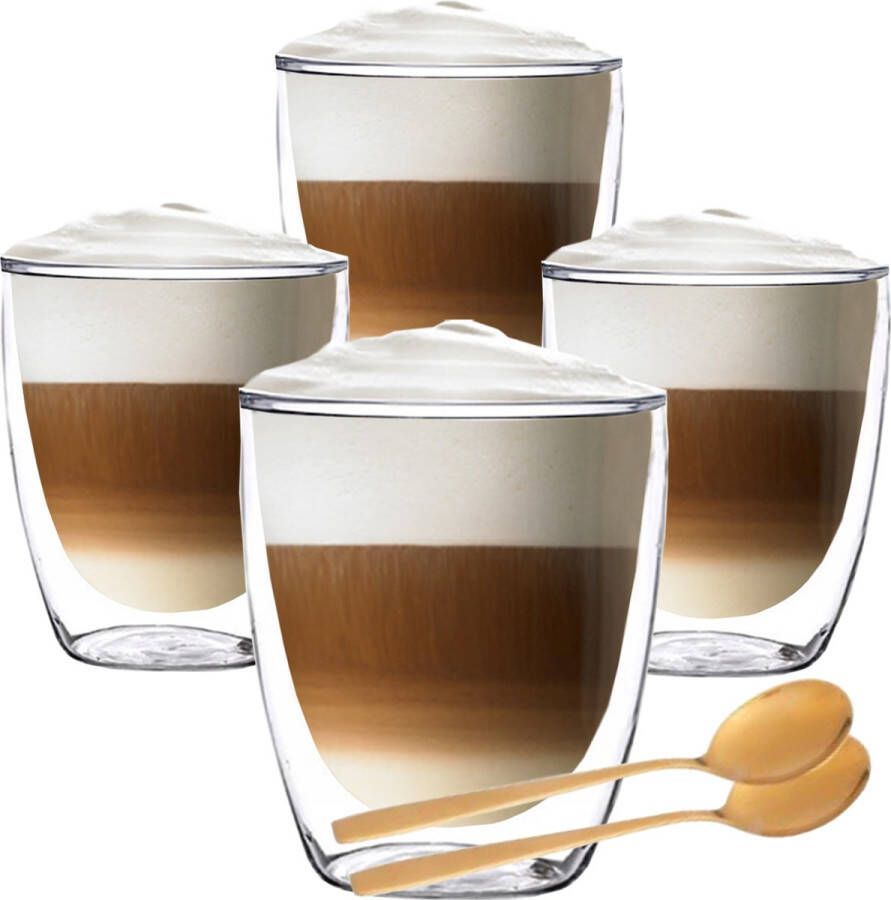 Altom Design Luxe Dubbelwandige Theeglazen Cappuccino Glazen Koffieglas dubbelwandig met lepel 300 ML Set Van 4