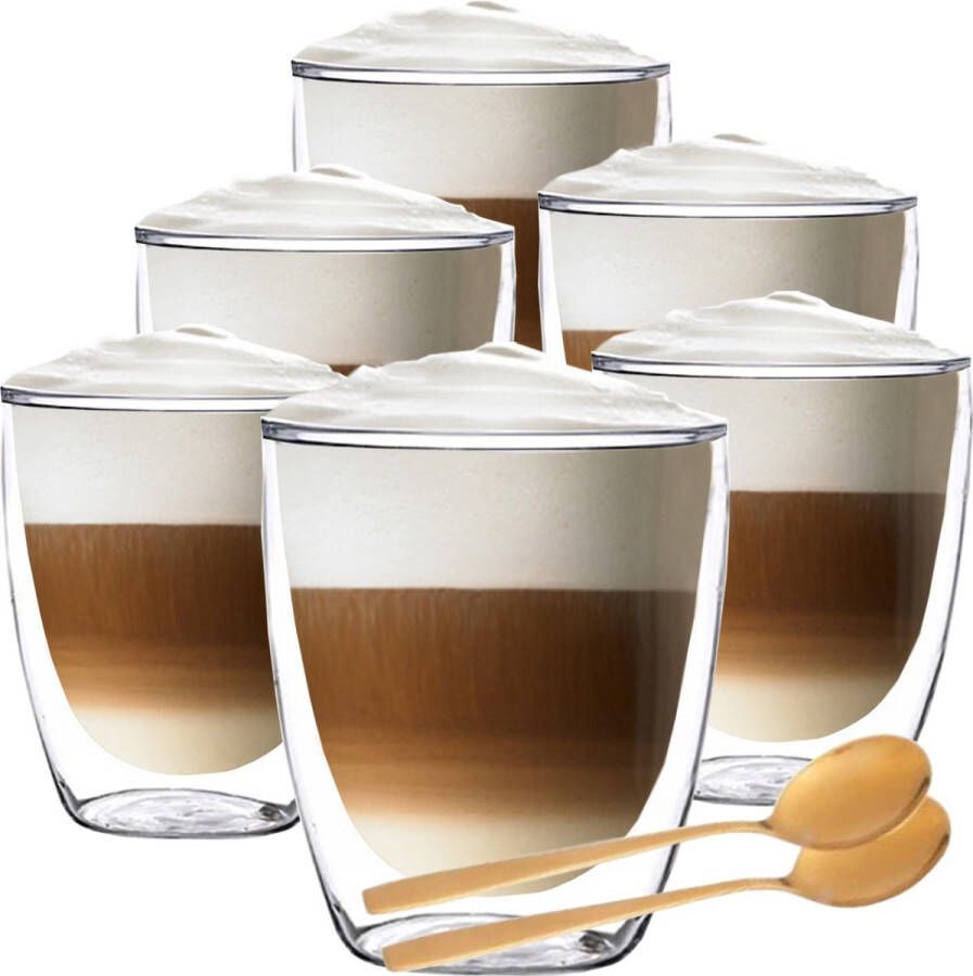 Altom Design Luxe Dubbelwandige Theeglazen Cappuccino Glazen Koffieglas dubbelwandig met lepel 300 ML Set Van 6